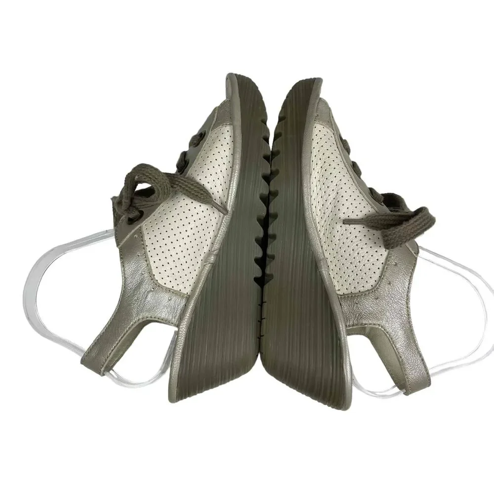 Fly London Womens White Silver Perforated Leather‎ Yuta Wedge Sandals Size 39